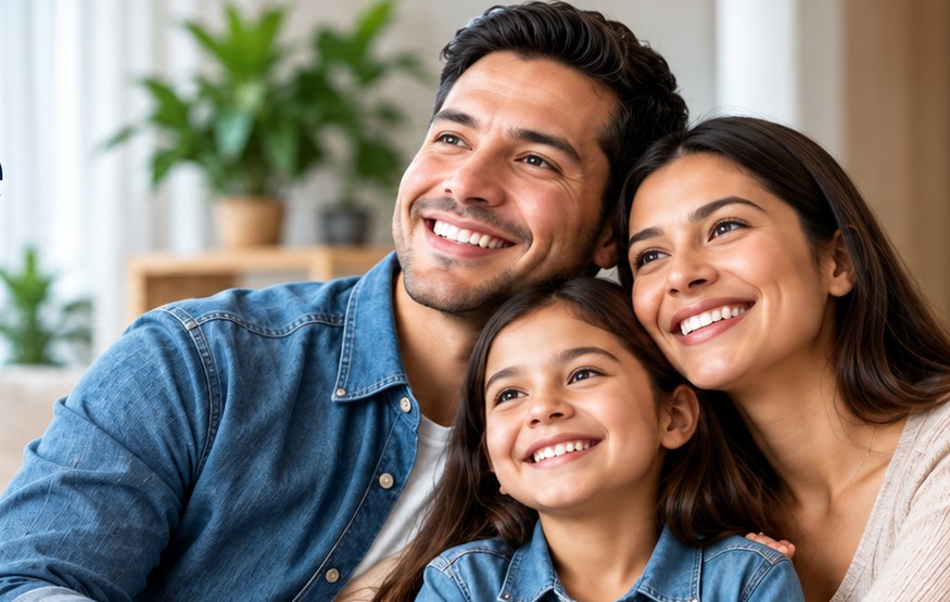 Familia sonriendo en su hogar