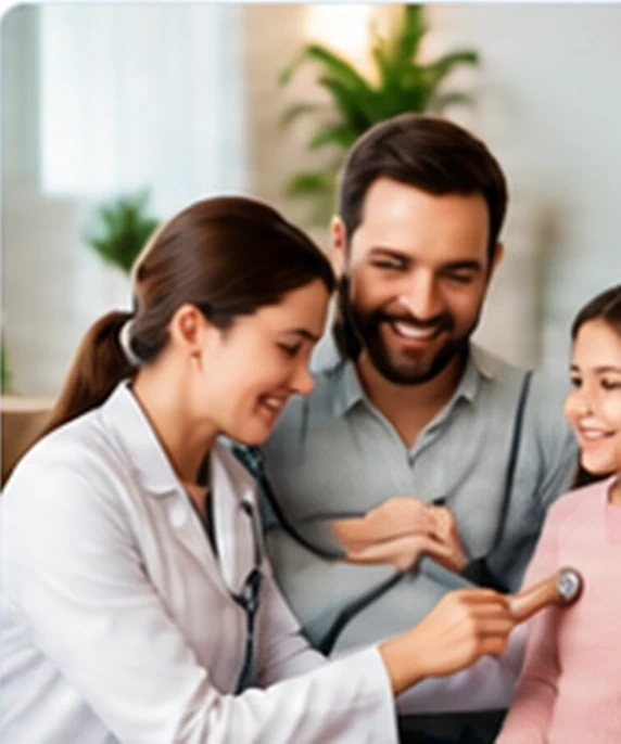 Doctora examinando a una niña junto a su familia