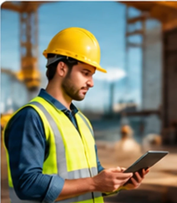 Trabajador de construcción usando casco y una tableta